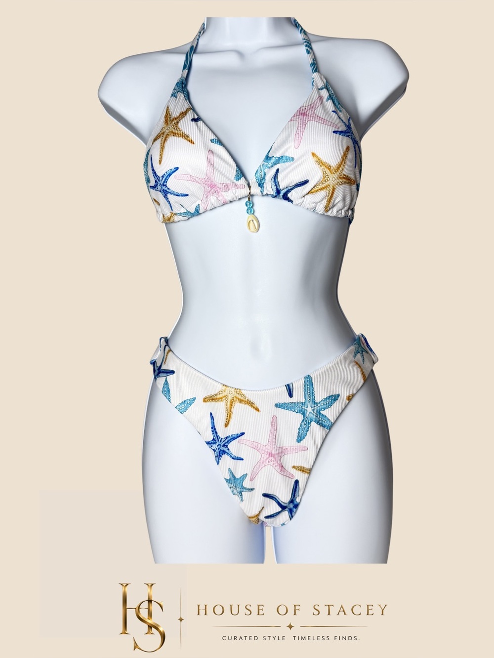 Reversible Starfish Bikini Set Small Shell Charm Triangle Tie Beachy Cute